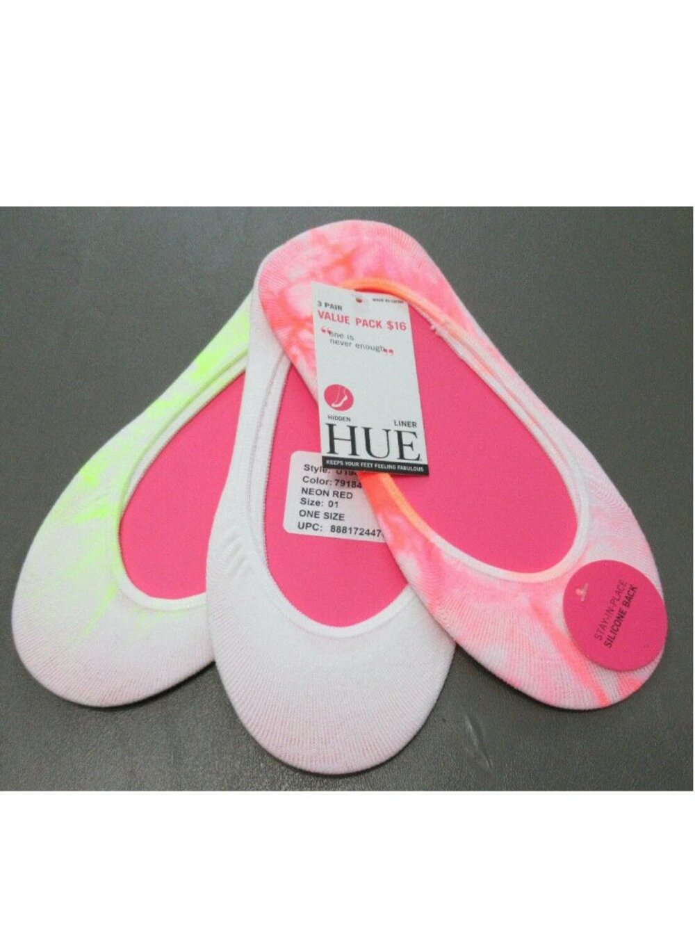 HUE Women's 3-Pair Variety Pack Neon Tie-Dye Liner Socks, One Size